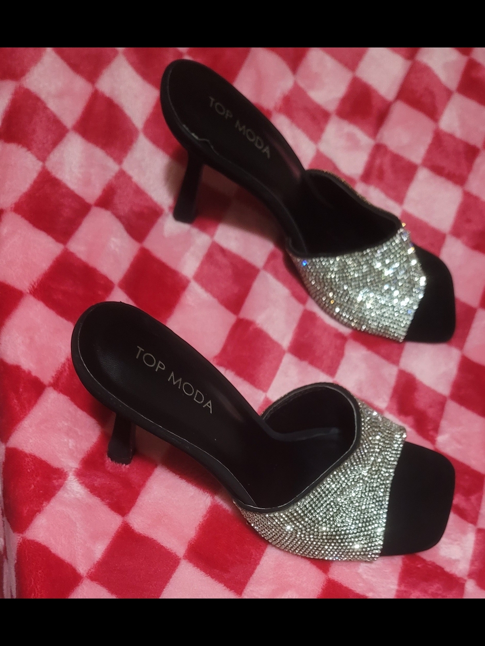 TOP Moda Black Mules with Silver Crystal Band